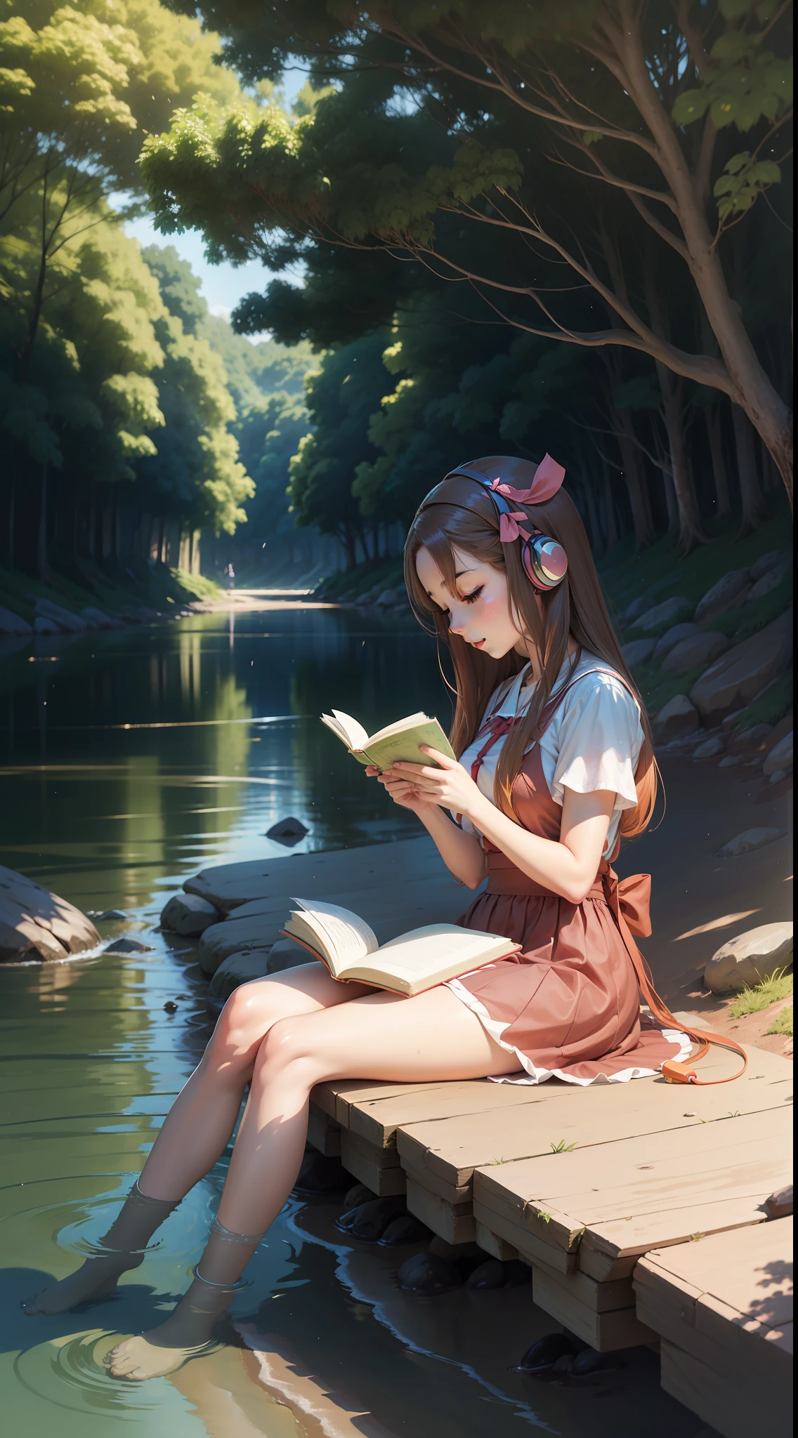 "An anime girl reading while listening to music under a tree near a river."