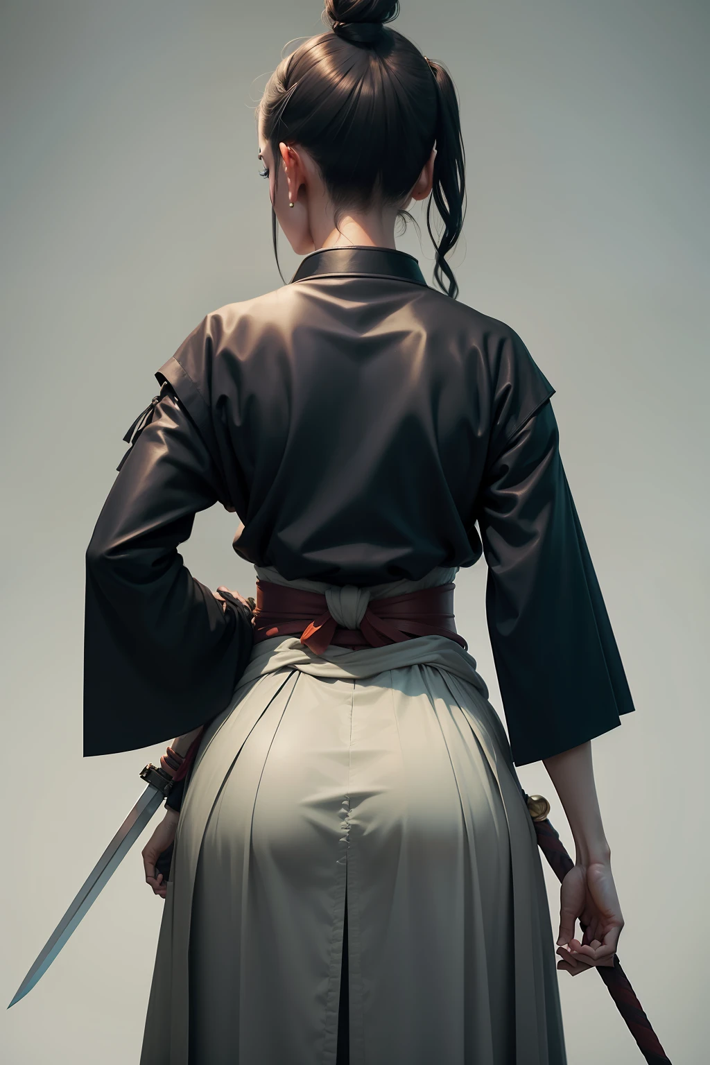 a woman standing with two swords in her hands, an album cover, inspired by Kanō Sanraku, featured on zbrush central, shot on leica sl2, in the style of sifu:2, orazio gentileschi style, frank dillane as puck, with his back turned, wearing hakama, obi strip