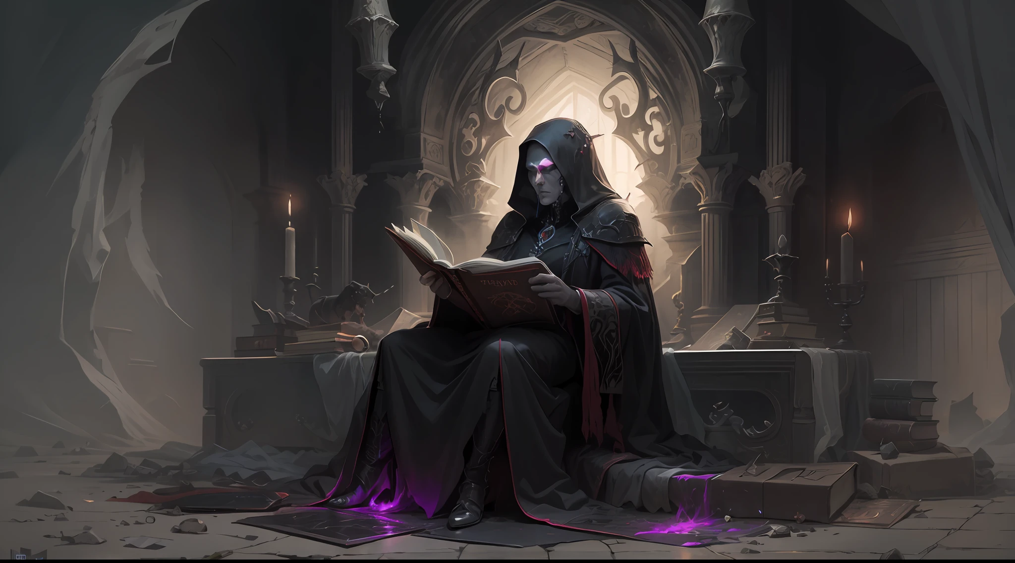 HighestQuali，tmasterpiece，The necromancer of Alafeld reads a book in a dark room, dark but detailed digital art, Book of the Dead, horror fantasy art, detailed 4k horror artwork, Horror stories, dark fantasy horror art, Crypt legends, fantasy horror art, Read an evil devil's book, highly detailed dark art, portrait of the old necromancer
