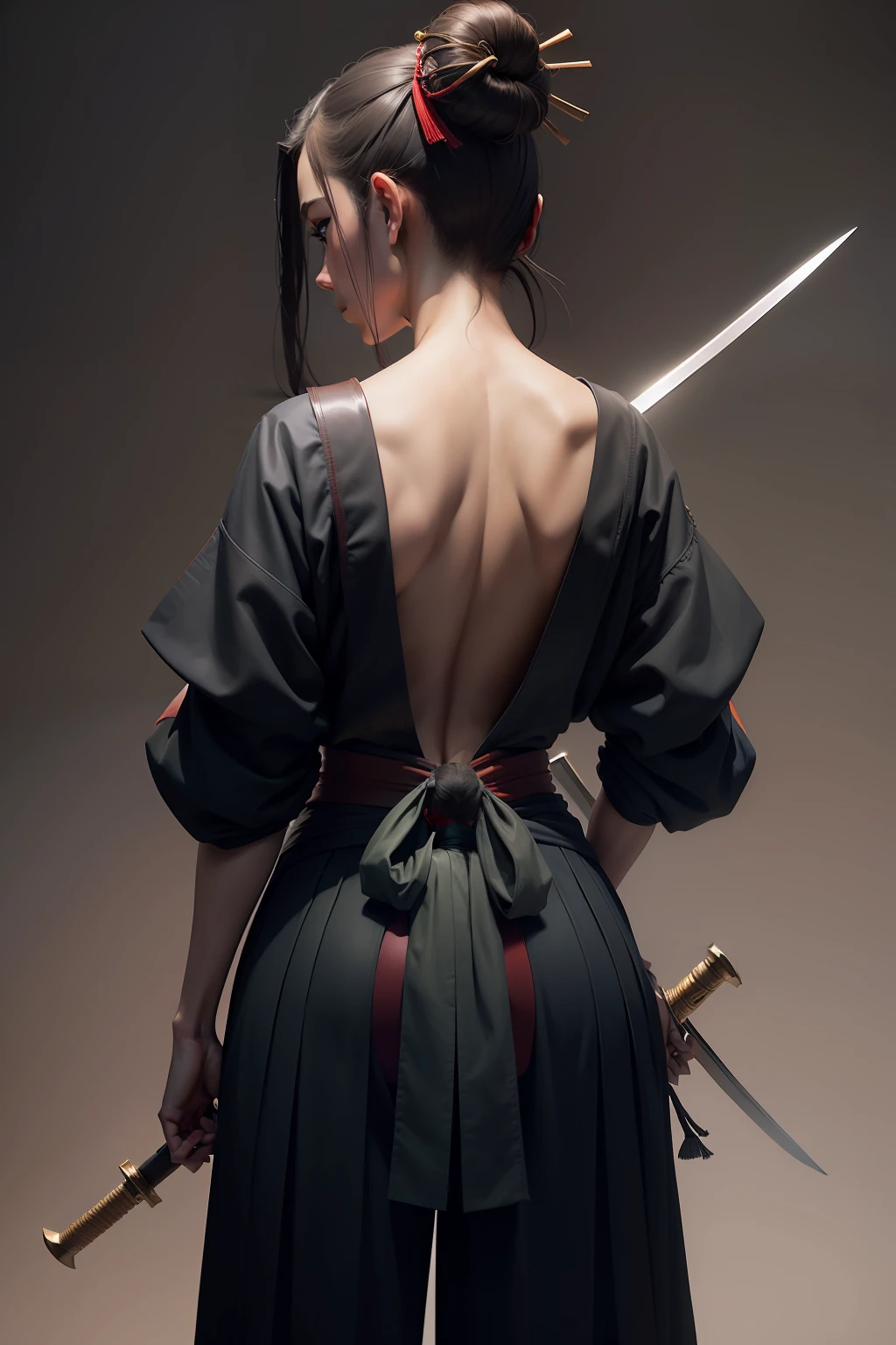 a woman standing with two swords in her hands, an album cover, inspired by Kanō Sanraku, featured on zbrush central, shot on leica sl2, in the style of sifu:2, orazio gentileschi style, frank dillane as puck, with his back turned, wearing hakama, obi strip