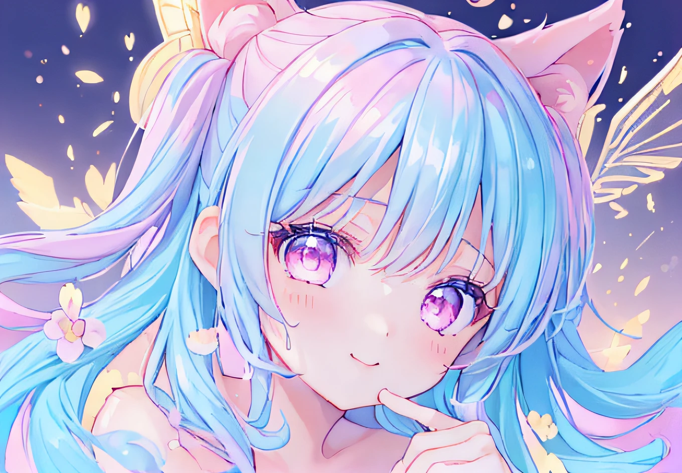 ((NSFW:1.2),masutepiece, (1girl in), Idol,Looks fun with a big smile, ((Close-up Face)), Big eyes, It seems that the eyes are shining、Kawaii Tech, kawaii, Cute, Pastel colors,Hair color is pastel、 (Best Quality), Happy,Mystical deep background of goldfish, Symmetrical, Head Tilted,The composition should exude sensuality and innocence、An ultra-high picture quality、Dynamic angle from above