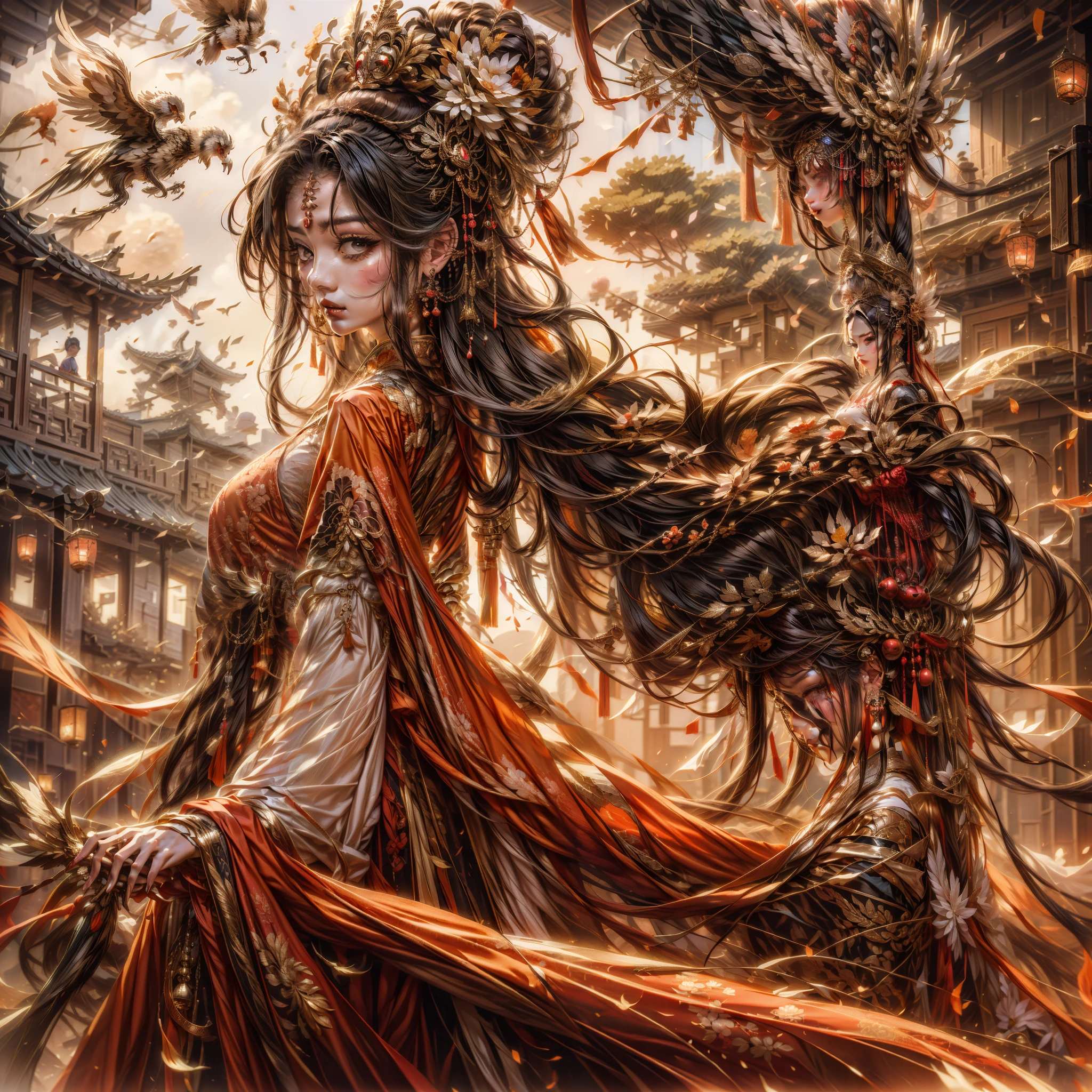 offcial art，Extremely detailed，Ancient wind，one-girl，Hanfu，The clothes are intricate and delicate，cabelos preto e longos，A gesture of prayer to God，First perspective，The background is Haoyue