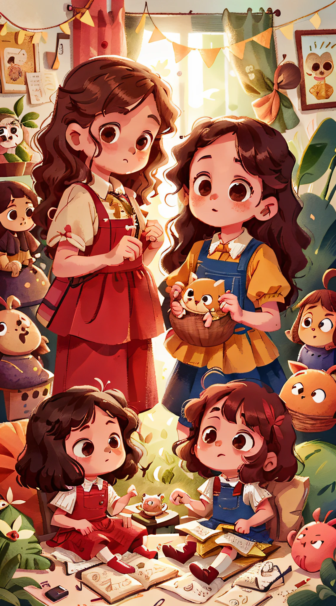 dos chicas, gemelos, brown curly hair, playing doll