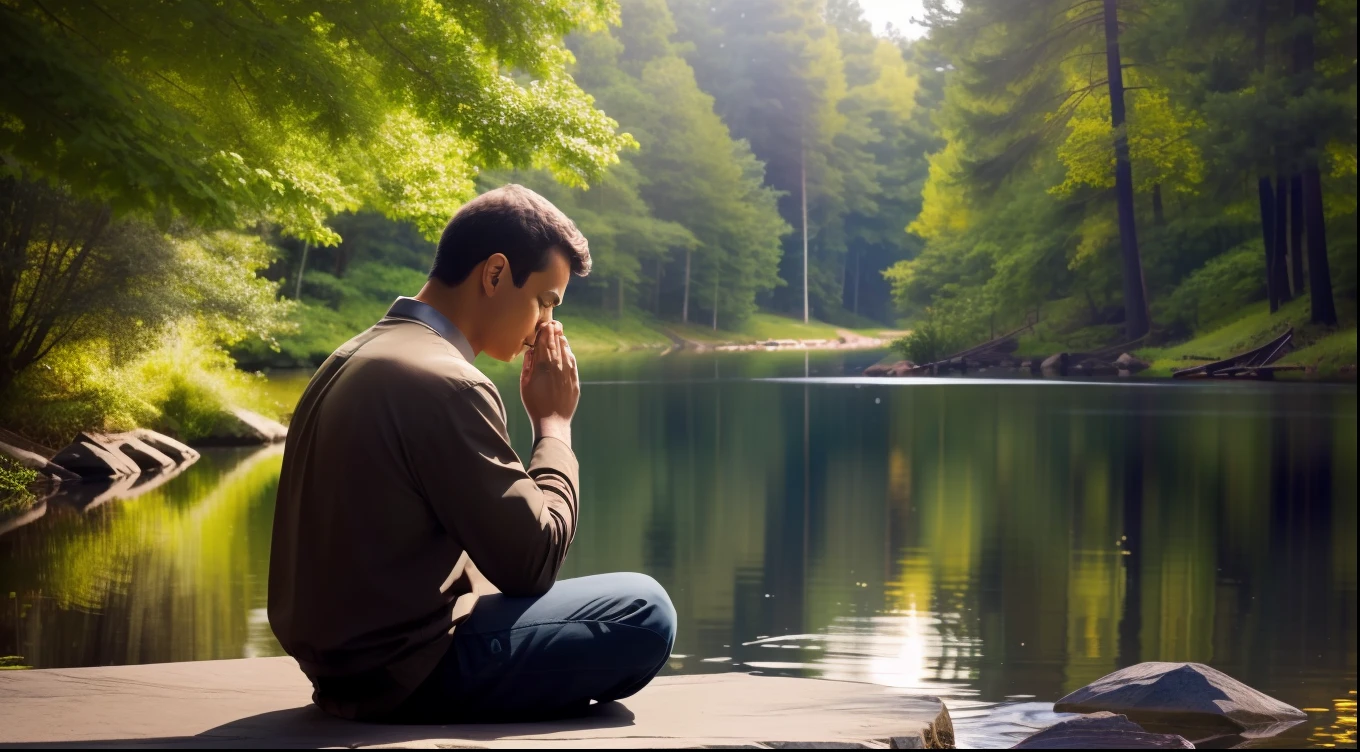 "Imagine a realistic scene in which an individual finds himself in a time of prayer. The person is sitting in a quiet and serene environment, with hands folded and eyes closed in deep reflection. His facial expression conveys a mixture of concentration and serenity. Ao fundo, uma luz suave ilumina o ambiente, symbolizing the presence of God. Nessa cena, Demonstrate the power of self-control by portraying how this person seeks divine strength and guidance through prayer to meet life's challenges and make wise decisions based on his or her Christian principles."