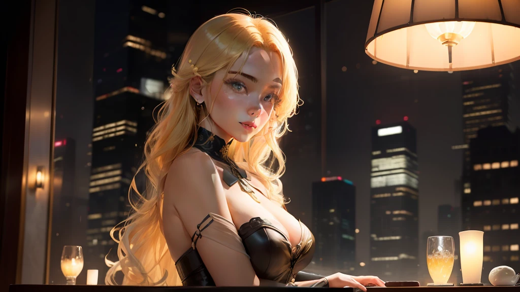 Vibrant lighting、Seductive elegance、Depth of atmosphere、masterful technique、naturalistic representations、Harmonious composition、Creative sophistication、striking juxtapositions、
1girl in,独奏,a blond、glamorous figure
Bar
indoor、Outside the window, the light of skyscrapers and the moon
patience
garden、florals、placid、