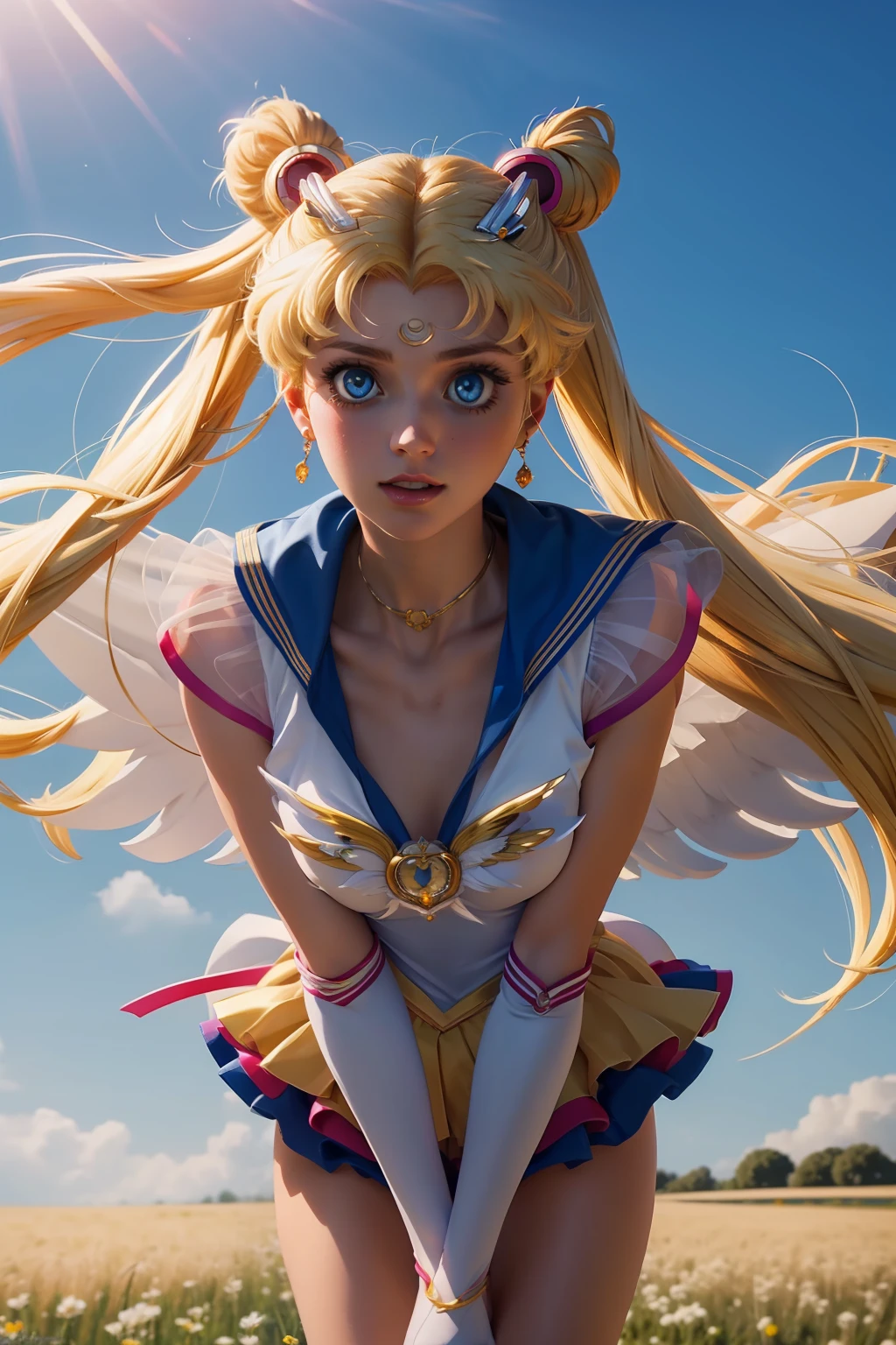 professional medium body photo of eternal sailor moon, detailed skin, detailed eyes, finely detailed hair, field, volumetric light, highrez, masterpiece, best quality, downblouse