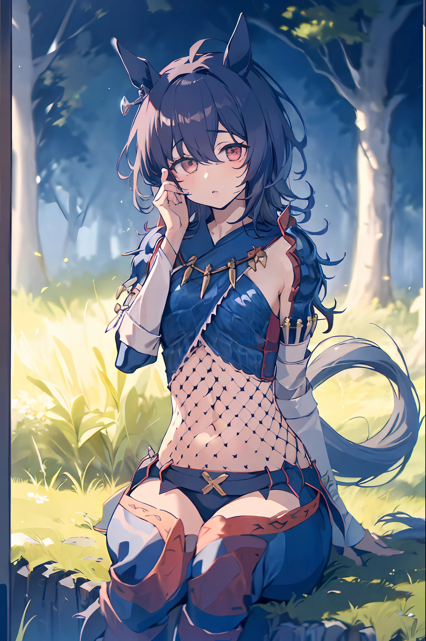 Very cute girl,lib,sitting on,Solo,1girl,the woods,(Umamusume,horse tail:1.1),(blown hair),(nargacuga_armor_v1.1),BREAK (masterpiece, best quality,hyper detailed,correct anatomy,perfect anatomy, perfect hands,shiny,chromatic aberration abuse,absurdres absolutely resolution,unity 8k wallpaper,perfect lighting,beautiful face),