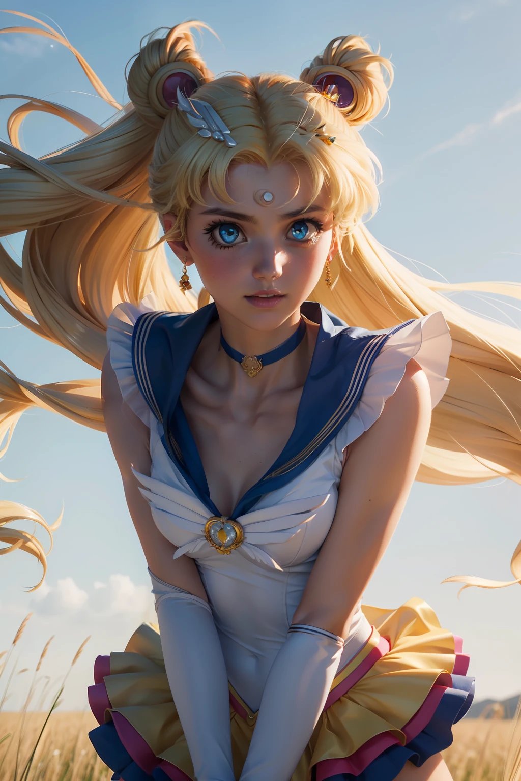 professional medium body photo of eternal sailor moon, detailed skin, detailed eyes, finely detailed hair, field, volumetric light, highrez, masterpiece, best quality, downblouse