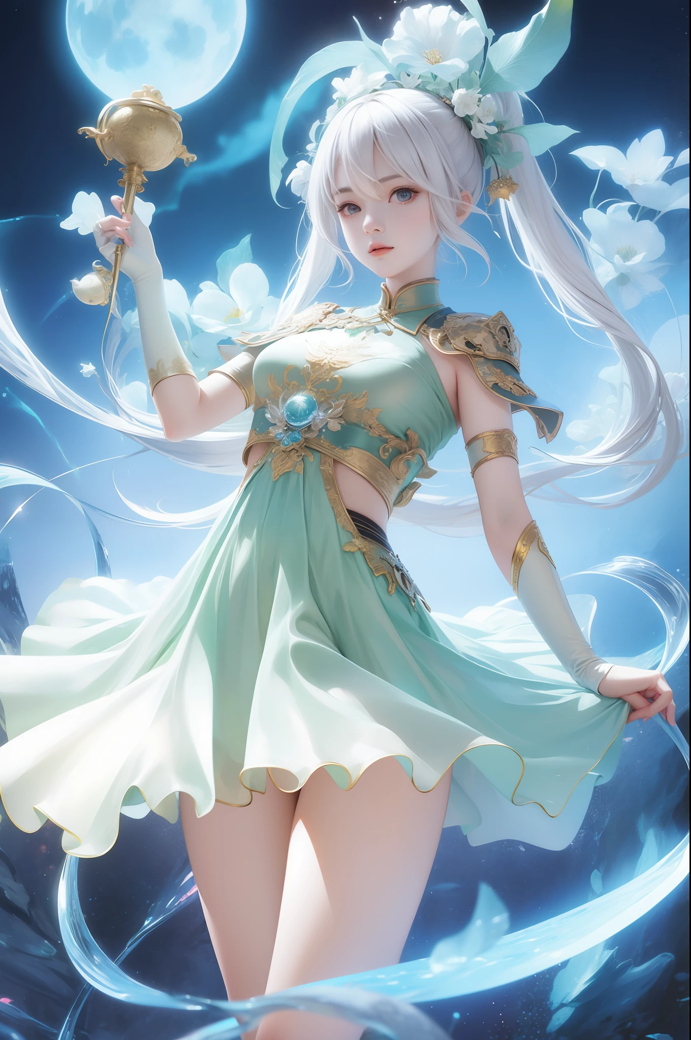 A universe with stars,The Big Bang of Stars,energy sphere,glass flowers,chinesedragon,themoon,jade sword,Jade lotus