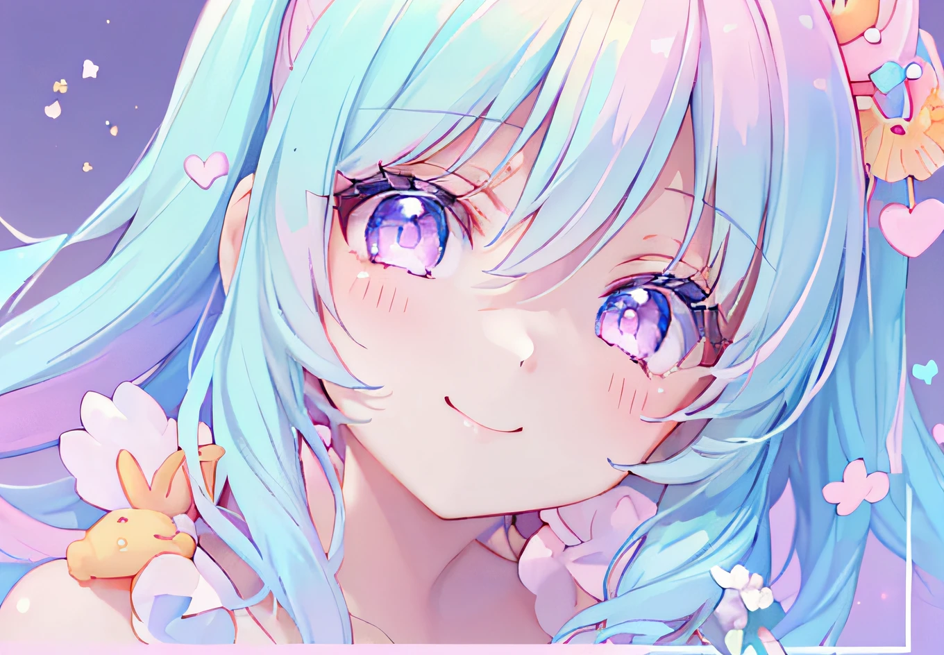 ((NSFW:1.2),masutepiece, (1girl in), Idol,Looks fun with a big smile, ((Close-up Face)), Big eyes, It seems that the eyes are shining、Kawaii Tech, kawaii, Cute, Pastel colors,Hair color is pastel、 (Best Quality), Happy,Mystical deep background of goldfish, Symmetrical, Head Tilted,The composition should exude sensuality and innocence、An ultra-high picture quality、Dynamic angle from above