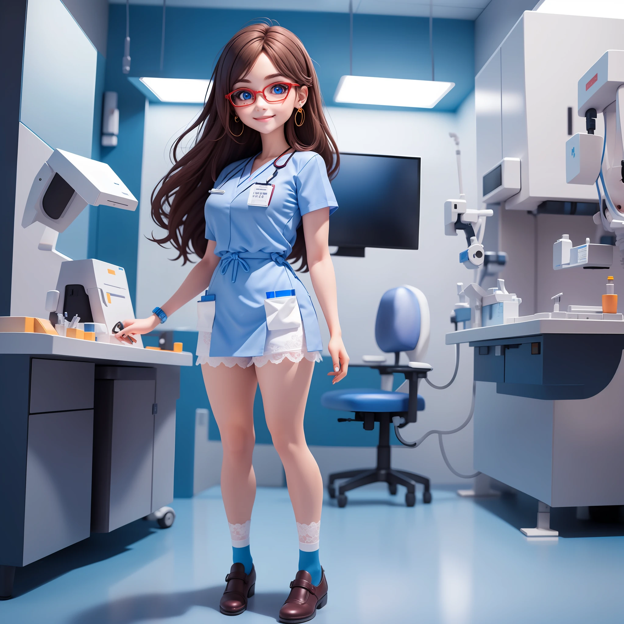 (masterpiece),(best quality),(Ultra-detailed), (full body: 1.2), 1girl, cute, smile, blue eyes, earring, neurosurgeon uniform, spectacles, lace socks, in a operation theater , (beautiful and detailed face), (beautiful detailed eyes),