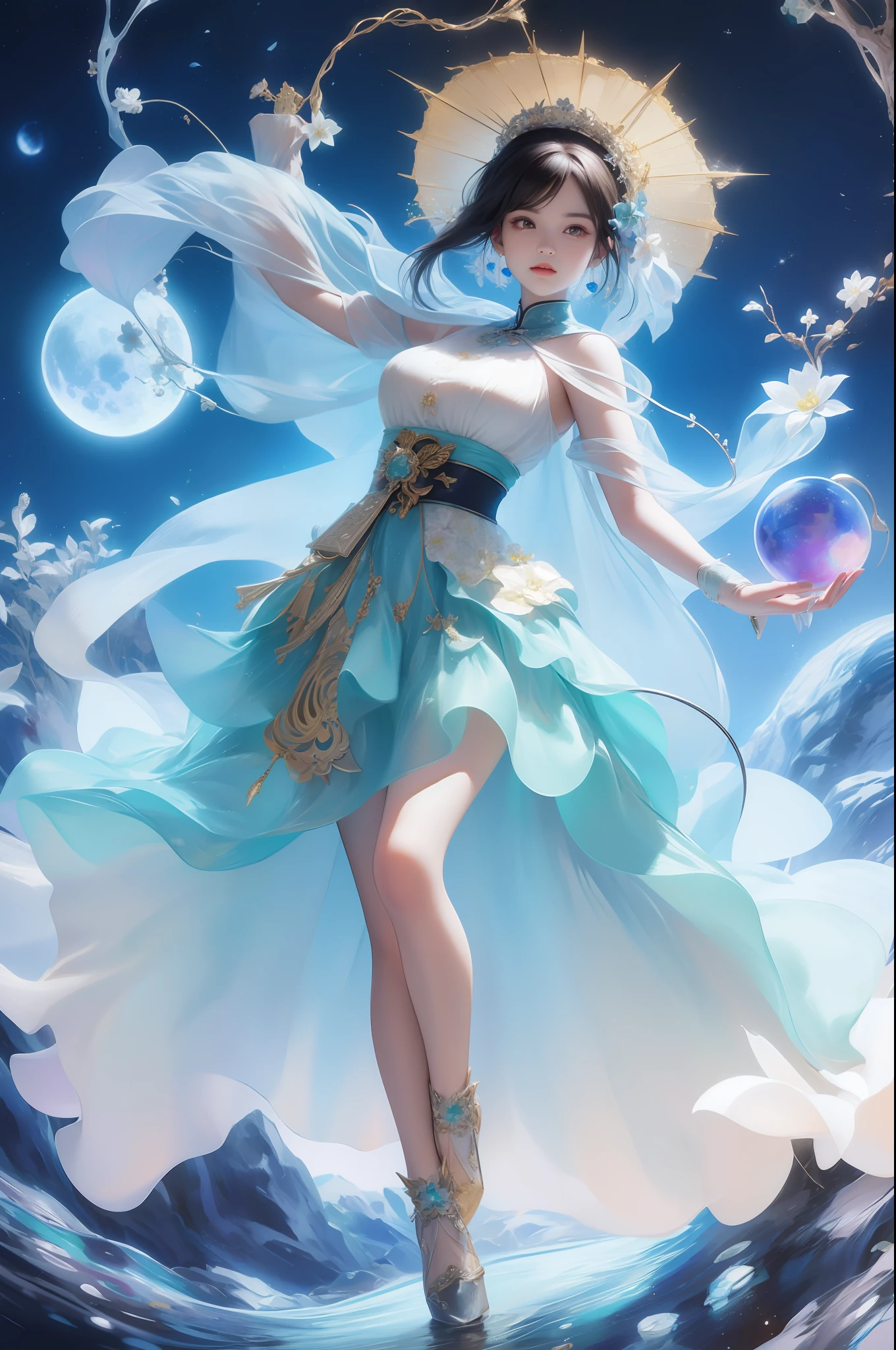 A universe with stars,The Big Bang of Stars,energy sphere,glass flowers,chinesedragon,themoon,jade sword,Jade lotus