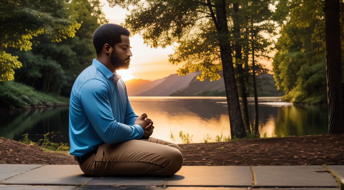 "Imagine a realistic scene in which an individual finds himself in a time of prayer. The person is sitting in a quiet and serene environment, with hands folded and eyes closed in deep reflection. His facial expression conveys a mixture of concentration and serenity. Ao fundo, uma luz suave ilumina o ambiente, symbolizing the presence of God. Nessa cena, Demonstrate the power of self-control by portraying how this person seeks divine strength and guidance through prayer to meet life's challenges and make wise decisions based on his or her Christian principles."