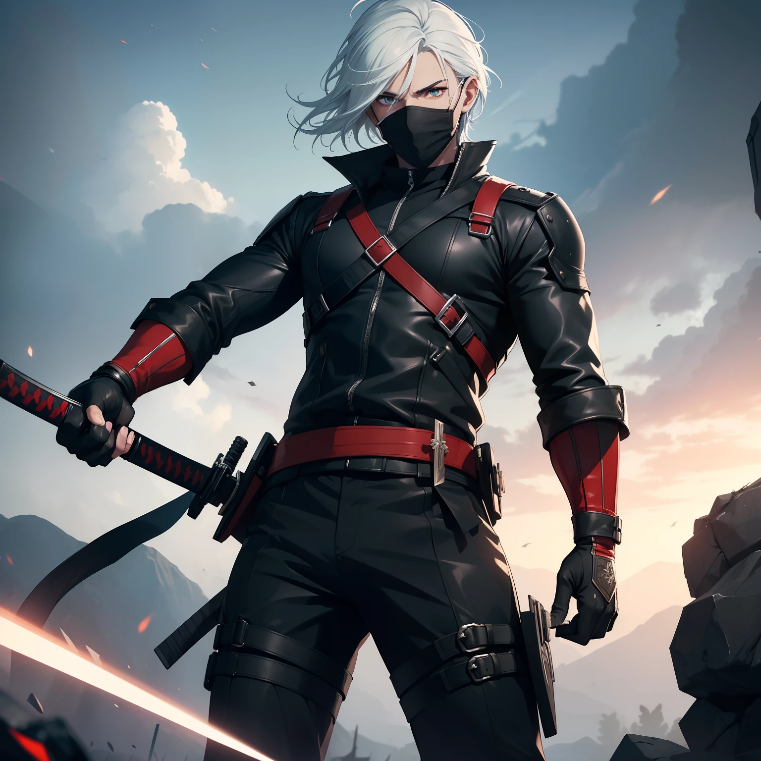 (masterpiece, best quality, ultra-detailed, 8k resolution, photorealistic, cinematic, full body view), assassin, mask, perfect ???????, nice hands, perfect eyes, detailed eyes, sharingan eyes, a sleek and form-fitting black costume with strategic red accents, black combat boots, holding two swords and in a stormy atmosphere, weapon, 1boy, male focus, holding weapon, sheath, white hair, solo, katana, looking at viewer