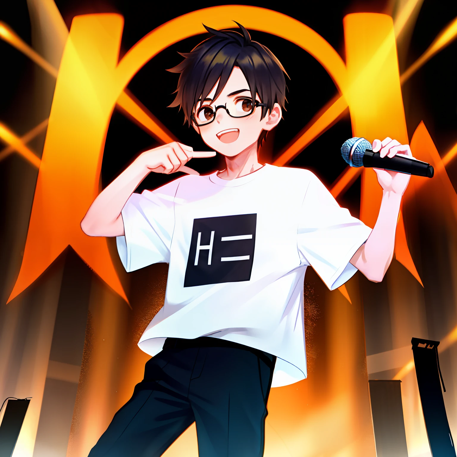 A boy with square, half-rimmed glasses holds a microphone on a flame-filled stage, wearing a T-shirt emblazoned with the word "Hua."
