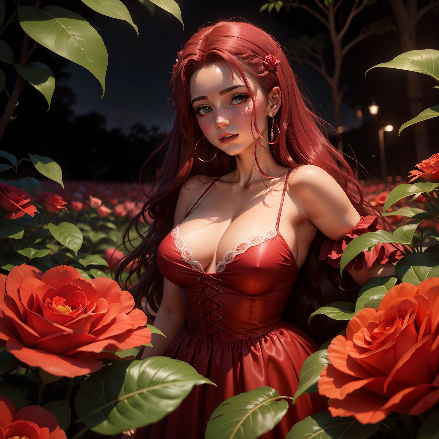 Uma rosa vermelha no belo jardim anoite