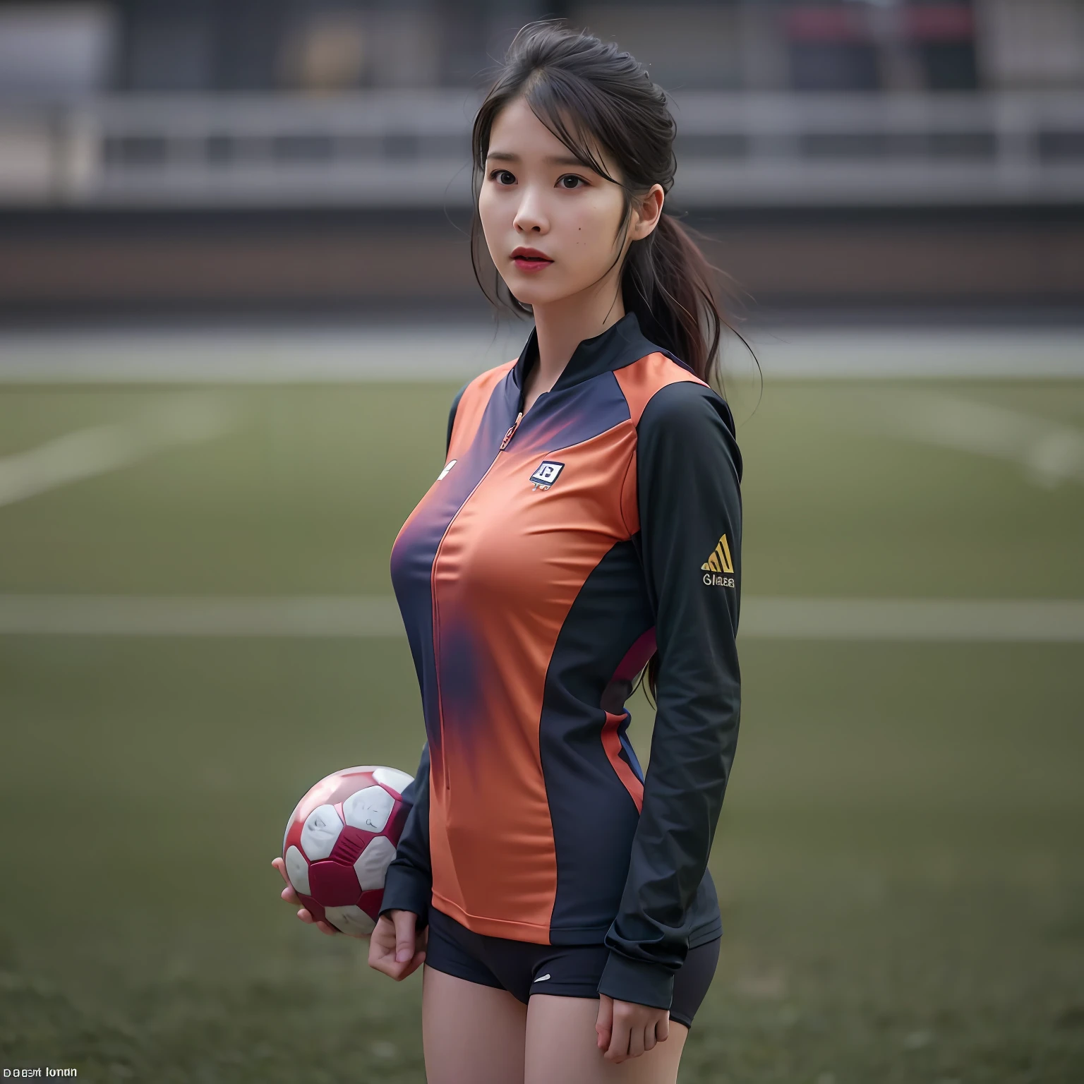 nikon RAW photo,8 k,Fujifilm XT3,photorealistic,realistic, solo, photorealistic, best quality, ultra high res, (skin spots:0.1) serious expression, , standing against a soccer field, woman football tight sexy suit, football lady clothes, masterpiece, best quality, extremely detailed face, perfect lighting, solo,1girl, sexy sight best quality, ultra high res, photorealistic, ultra detailed, masterpiece, best quality, iu1, tiny nice butt, photoshoot