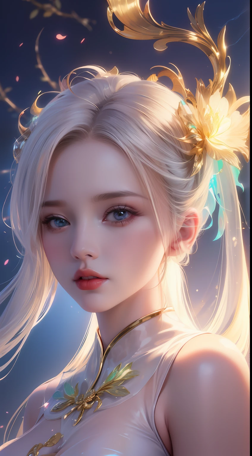 (((A girl)),delicated face,The face of Eros,Good looking Chinese woman,Cover your mouth and laugh,Abstinence,Large breasts,Superskirt,Golden paradise,Irridescent color,The Arthur effect, Transparent body, Gradient translucent glass melt, Caustics, transparent glass texture, Irridescent color, Designed by Dietrams, Simple, Glows in high detail, white backgrounid, industrial design, studio lit, C4D, OC renderer, Clean shadows, 4K