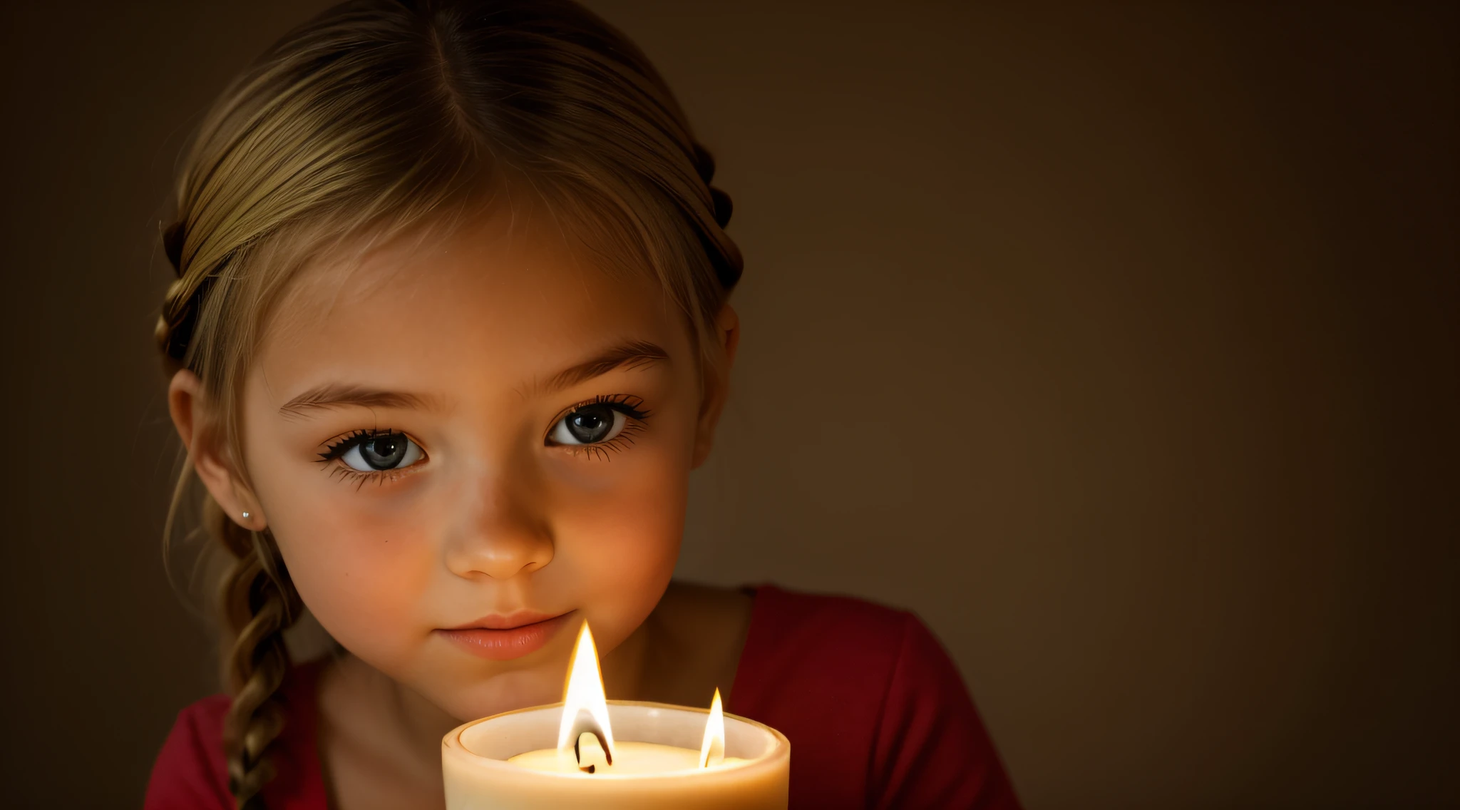 GIRL BLONDE CHILD IN BRAID, MUITAS VELAS ACESSAS , fundo vermelho.