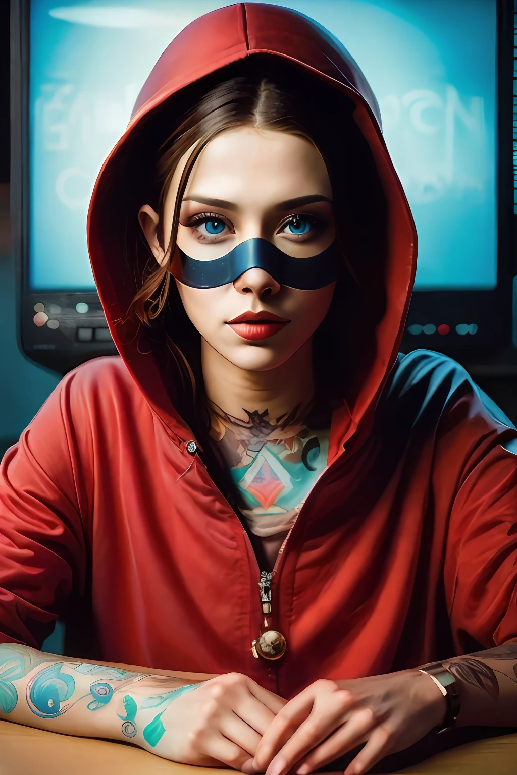 WOMAN IN RED HOOD ON HEAD, with an air of mystery, TATUAGEM PROXIMO AOS OLHOS, WITH VERY BLUE EYES neon, SERIA OLHANDO PARA FRENTE, Branco, cor laranja, alto, with your hand in your pocket, classical style, TOTALMENTE FRONTAL, NA FRENTE, Escuro, segredo, BLUSA LOGA, sentado. WITH YOUR HANDS ON THE TABLE, DE FRETE PARA O COMPUTADOR, FAZENDO PESQUIZA, long pants, TATUAGEM NOS OLHOS. neon light, IN A SERIES OF VIDEOS, CRIANDO CONTEUDO, MARKETING DIGITAL, TATTOO VERY CLOSE TO THE EYES, COMO SE ESTEVESSE APRESENTADO JORNAL, TV, MASK AROUND THE EYES, VEREMELHA.
