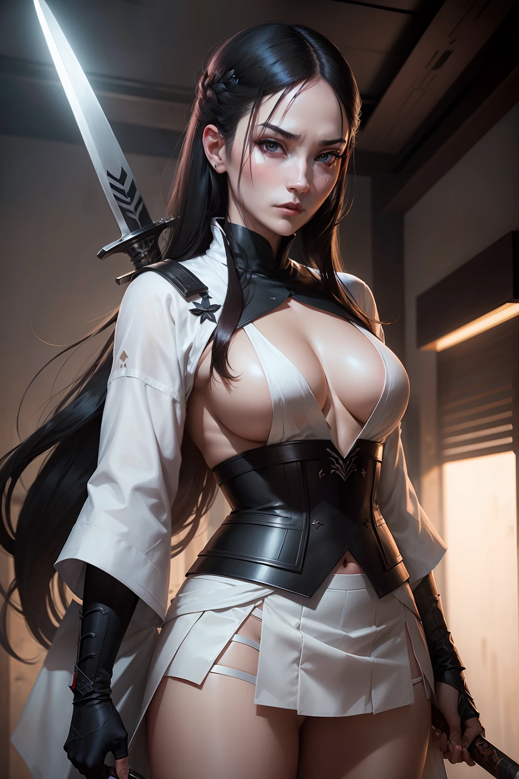 a man in a white shirt holding two swords, a portrait, unsplash, shin hanga, 2 4 year old female model, white skirt and barechest, shinigami, obi strip, eve ventrue, shot with hasselblad, menacing!!!, jill stingray, masterpiece!