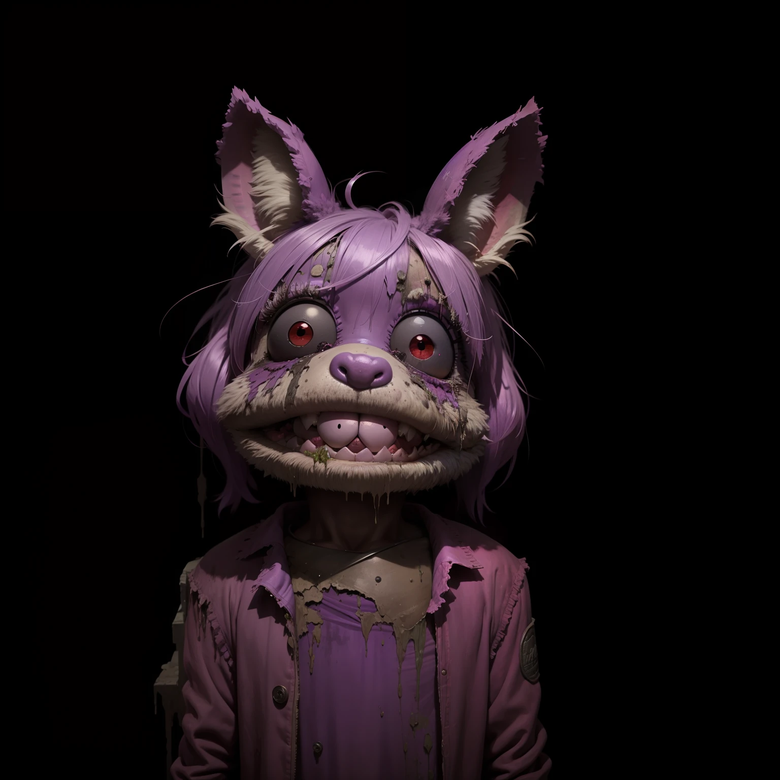 purpleish color,decrepit,grimy,Bleak,Rough,The Muppet Rabbit,grimy,The eyes are dark,Empty eyes,red pupils,Full of teeth,terroral