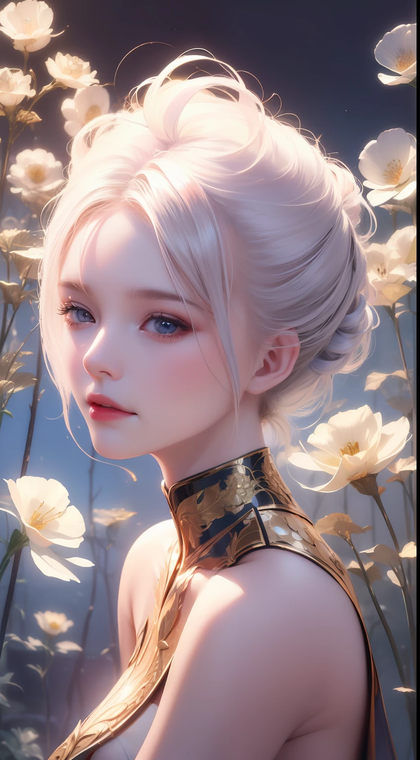 (((A girl)),delicated face,The face of Eros,Good looking Chinese woman,Cover your mouth and laugh,Abstinence,Large breasts,Superskirt,Golden paradise,Irridescent color,The Arthur effect, Transparent body, Gradient translucent glass melt, Caustics, transparent glass texture, Irridescent color, Designed by Dietrams, Simple, Glows in high detail, white backgrounid, industrial design, studio lit, C4D, OC renderer, Clean shadows, 4K