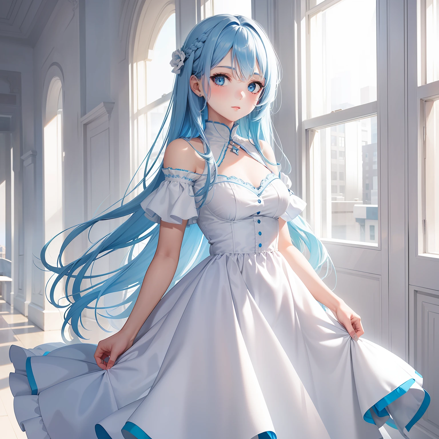 a women, blue hair, blue eyes, white dress