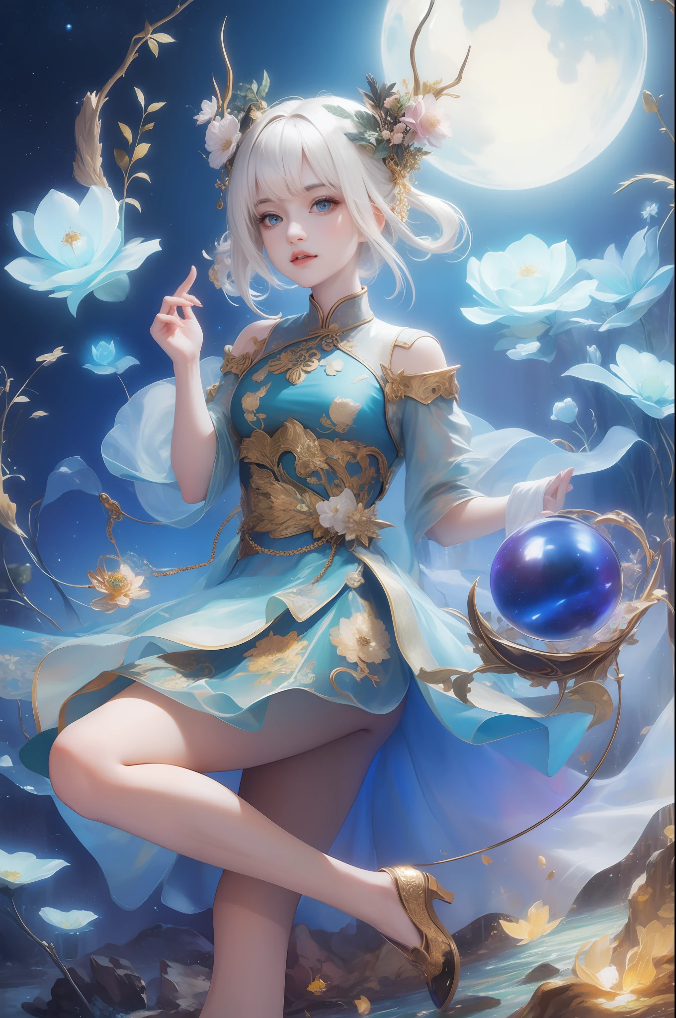 A universe with stars,The Big Bang of Stars,energy sphere,glass flowers,chinesedragon,themoon,jade sword,Jade lotus