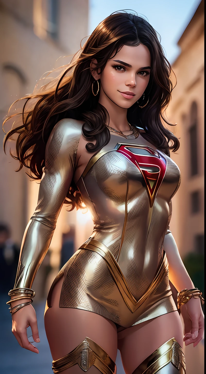 Photo of Bruna Marquezine, "Supergirl's masterpiece of art complete, high quality, ultra detailed in 4k, 8k, high resolution, hyper-realistic photo, hyper-detailed, realistic skin texture, amazing shadows, extremely detailed texture, perfect lighting, high-level image quality." A female superheroine, inspired by x-man, Fair skin, brown hair, outlined brown eyes, outlined face, bracelet, Full body, Nice super hero clothes, in the florest, outside a mansion, symbol S of superman, smile, perfect body, gorgeous woman