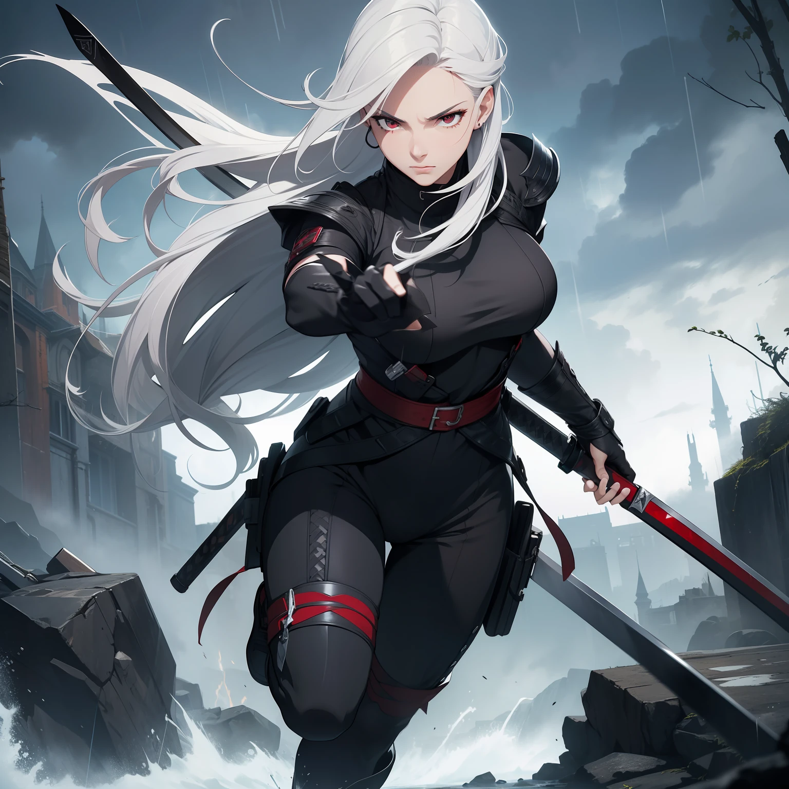 (masterpiece, best quality, ultra-detailed, 8k resolution, photorealistic, cinematic, full body view), assassin, mask, perfect anatomy, nice hands, perfect eyes, detailed eyes, sharingan eyes, a sleek and form-fitting black costume with strategic red accents, black combat boots, holding two swords and in a stormy atmosphere, weapon, 1boy, male focus, holding weapon, sheath, white hair, solo, katana, looking at viewer