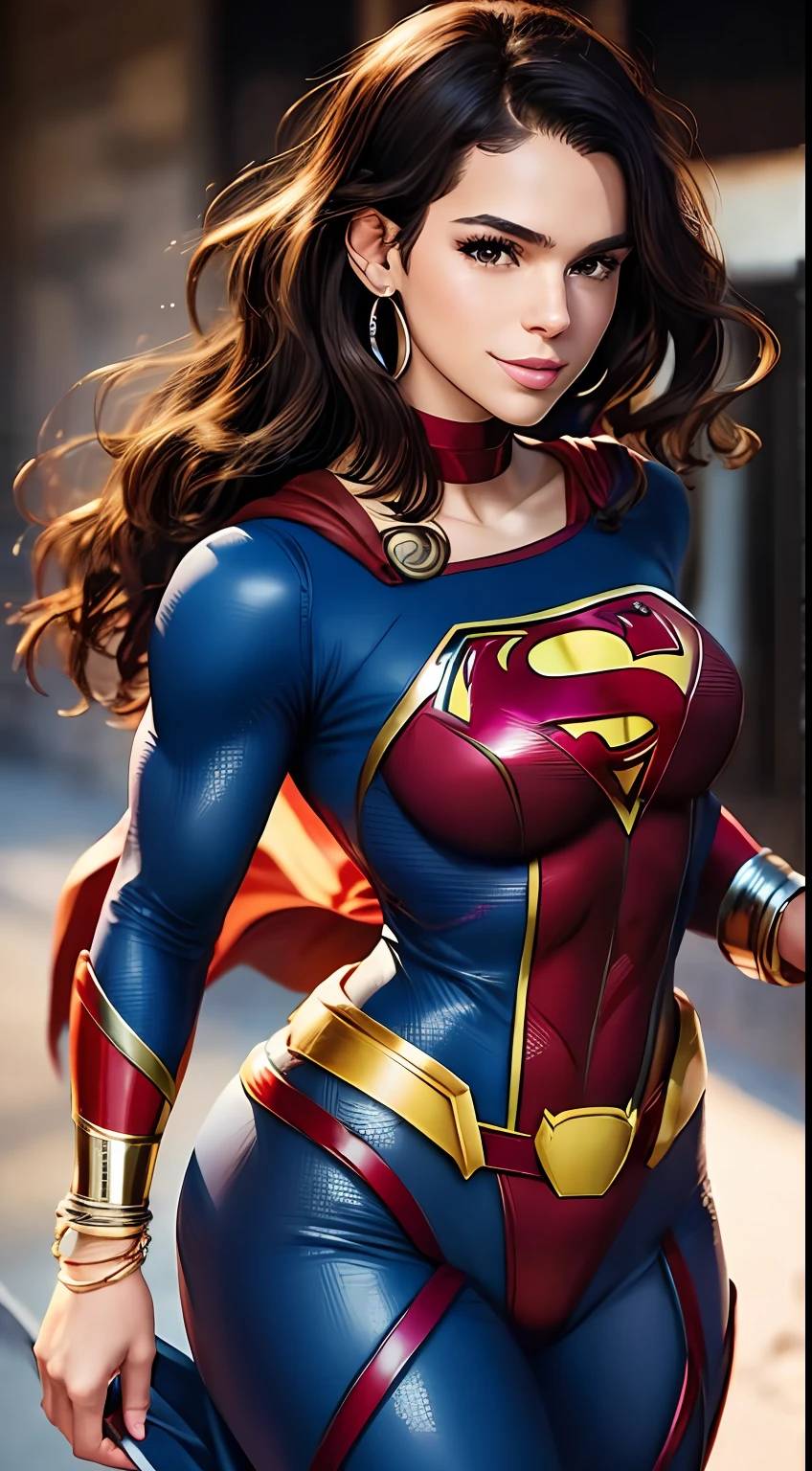 Photo of Bruna Marquezine, "Supergirl's masterpiece of art complete, high quality, ultra detailed in 4k, 8k, high resolution, hyper-realistic photo, hyper-detailed, realistic skin texture, amazing shadows, extremely detailed texture, perfect lighting, high-level image quality." A female superheroine, inspired by x-man, Fair skin, brown hair, outlined brown eyes, outlined face, bracelet, Full body, Nice super hero clothes, in the florest, outside a mansion, symbol S of superman, smile, perfect body, gorgeous woman