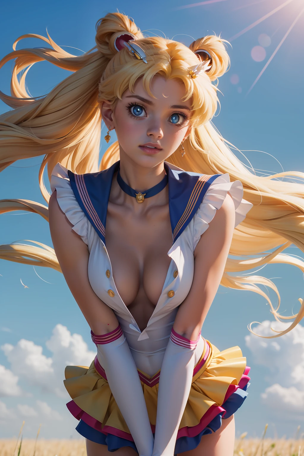 professional medium body photo of eternal sailor moon, detailed skin, detailed eyes, finely detailed hair, field, volumetric light, highrez, masterpiece, best quality, (downblouse:1.4)