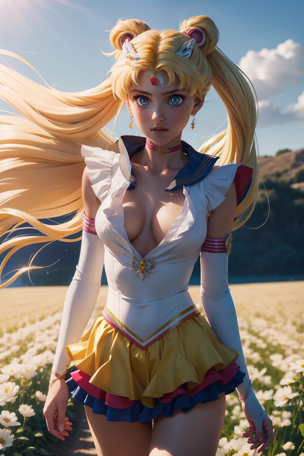 professional medium body photo of eternal sailor moon, detailed skin, detailed eyes, finely detailed hair, field, volumetric light, highrez, masterpiece, best quality, (downblouse:1.4)