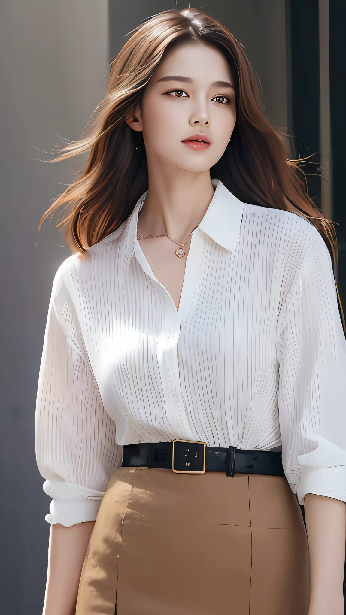 (Best quality, High resolution, Masterpiece :1.3), A tall and pretty woman, Slender abs, Dark brown hair styled in loose waves, Breasts, Wearing pendant, White button up shirt, Belt, Black skirt, (Modern architecture in background), Details exquisitely rendered in the face and skin texture, Detailed eyes, Double eyelid