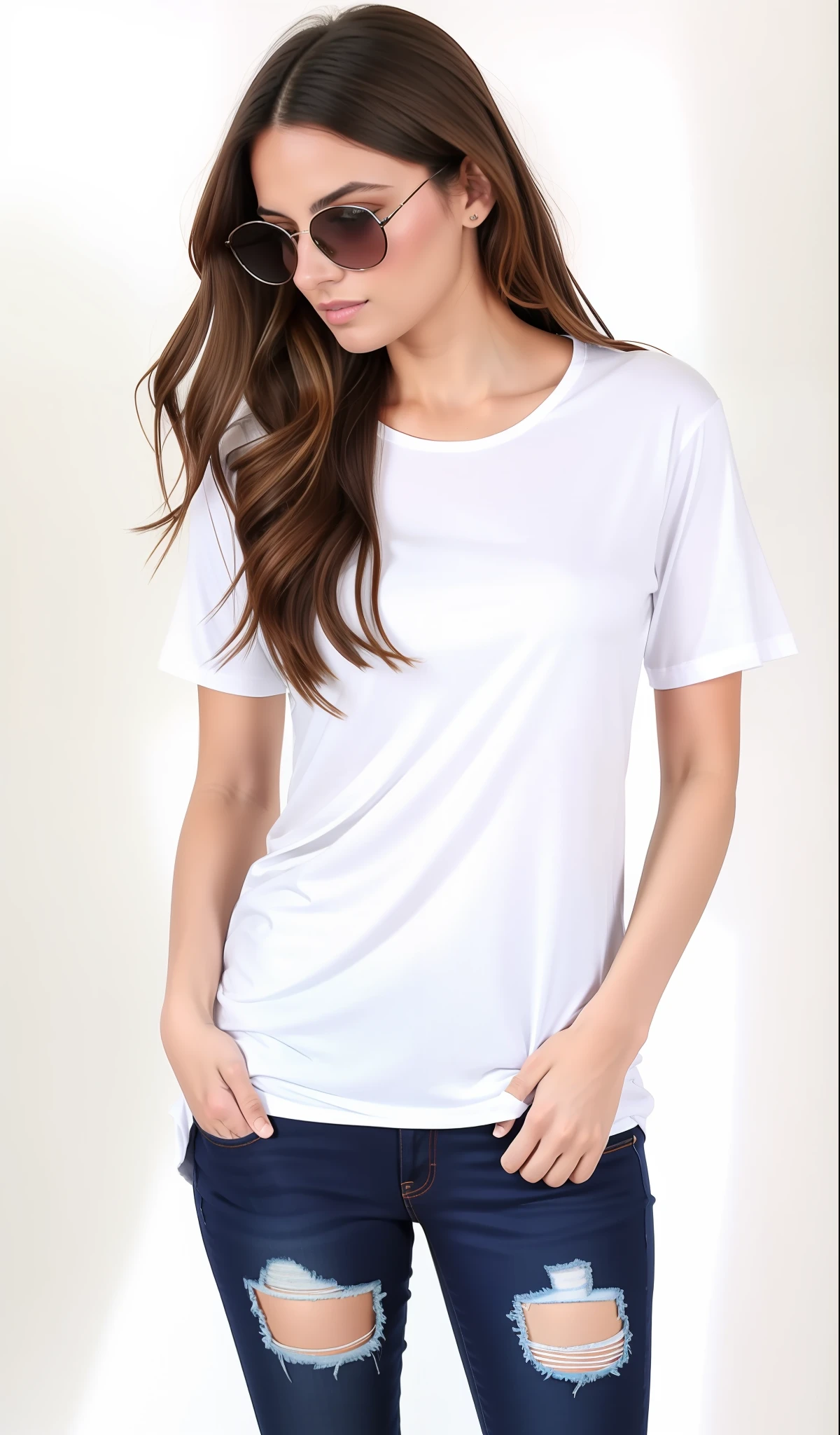 uma mulher linda vestindo uma camisa branca e jeans rasgados, camiseta branca, T-shirt branca, camiseta branca, tshirt branca lisa, casual white garment, roupas brancas da moda, manchas de sangue na camisa, vestido com uma camiseta branca, vestido com uma camiseta branca, tampo branco, camiseta molhada, camisa branca, camisa branca fina,
