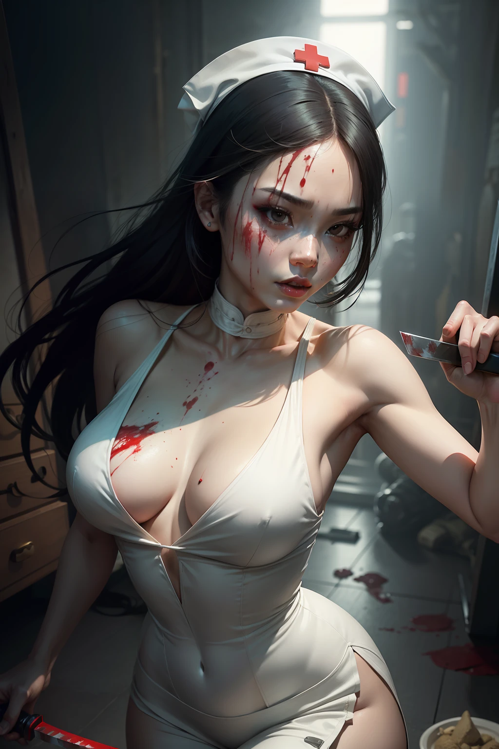 a woman with blood on her face holding a knife, inspired by Yasuo Kuniyoshi, reddit, cinematic goddess body shot, yanjun chengt, white hanfu, hyper real photo, summer glau, chest up bust shot, reminiscent of blade runner, nurse, jingna zhang, chainsaw sword