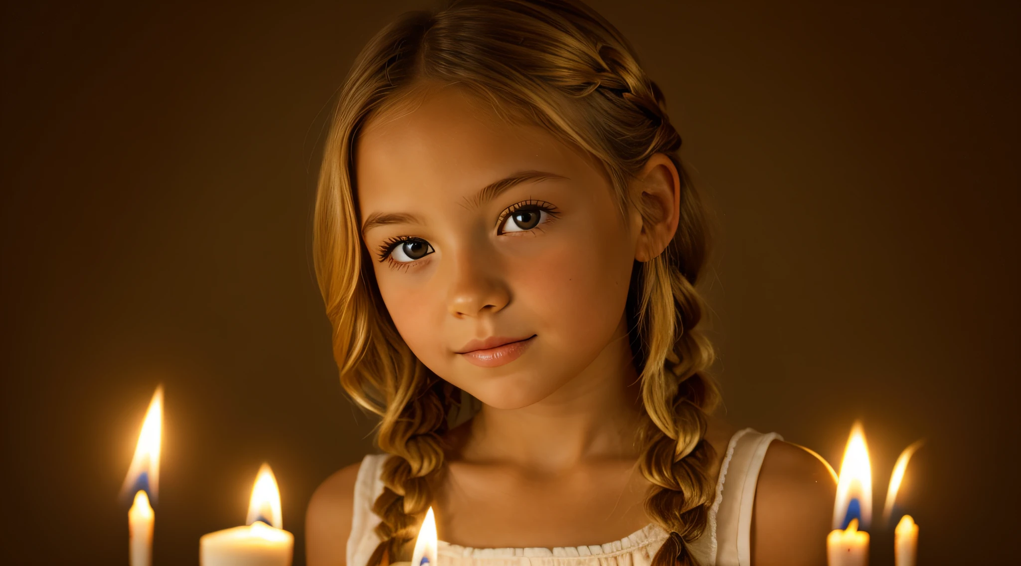 GIRL BLONDE CHILD IN BRAID, MUITAS VELAS ACESSAS , fundo vermelho.