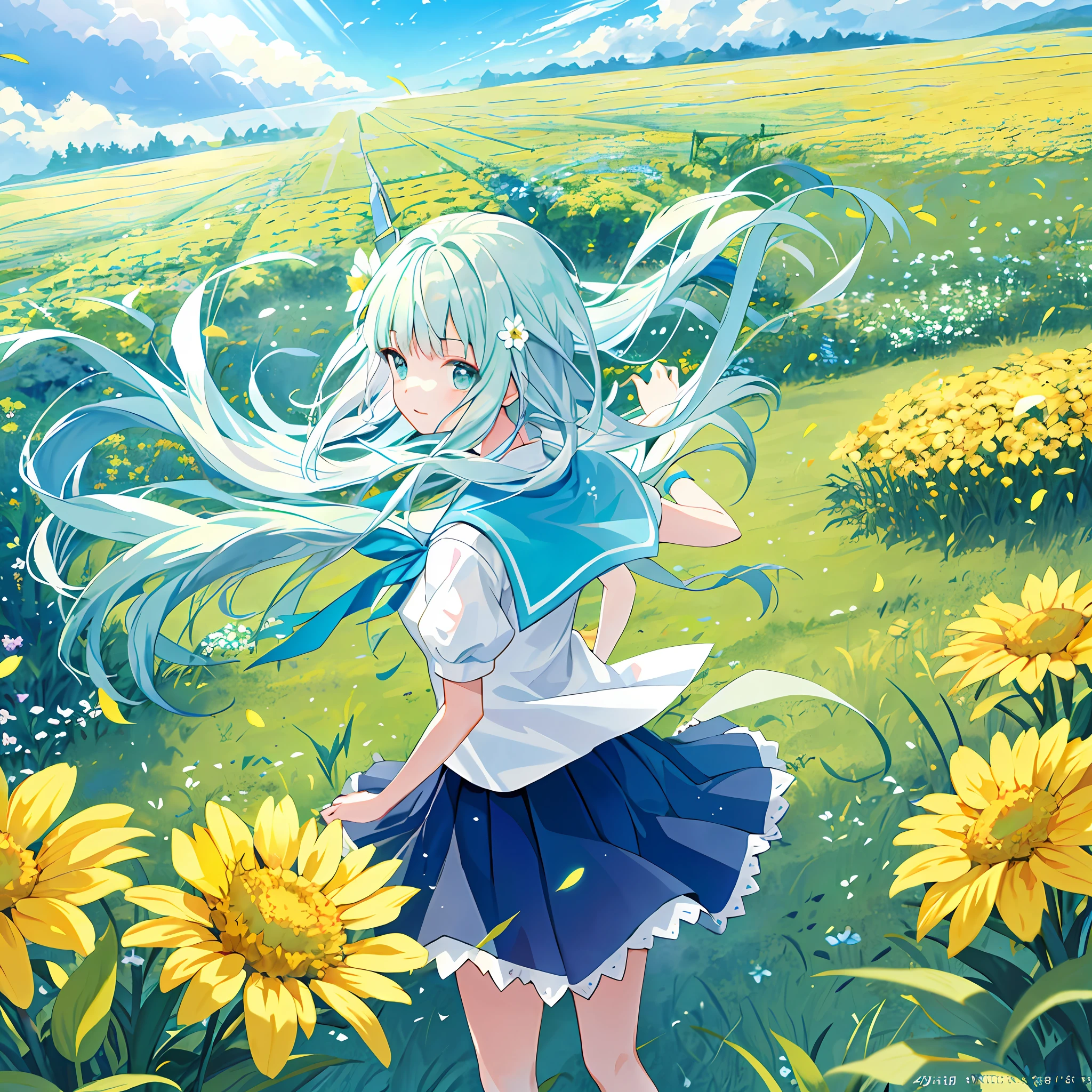 shift dresses,s girl,年轻,flower sea,Skysky,rays of sunshine,Grass,long whitr hair,Fresh breeze,Skirt fluttering