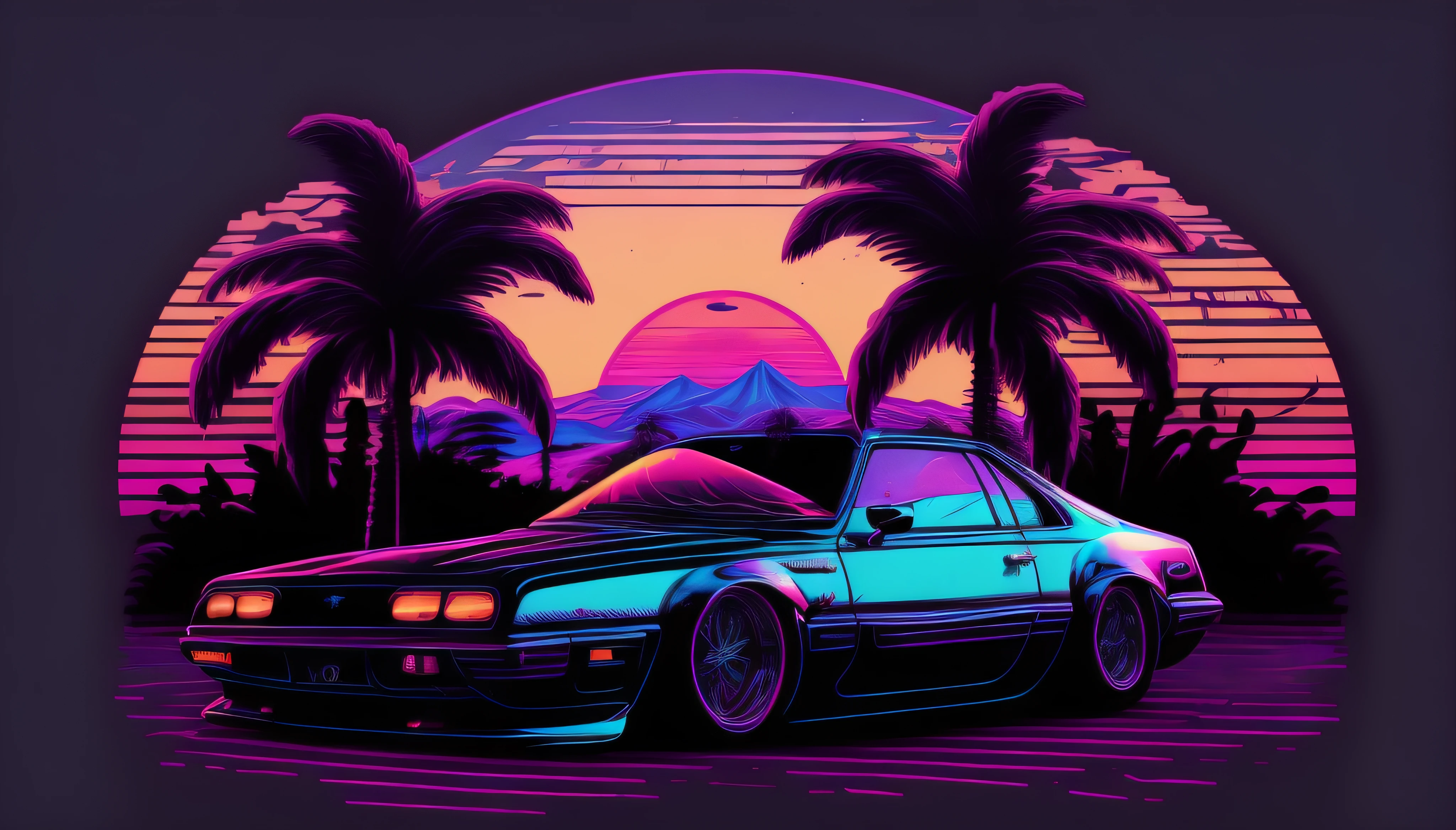 an old classic sports car in front of the sunset, vaporwave style, neon style, smooth lines, vector sticker art, vector core, intricate details, black t-shirt design, 8k