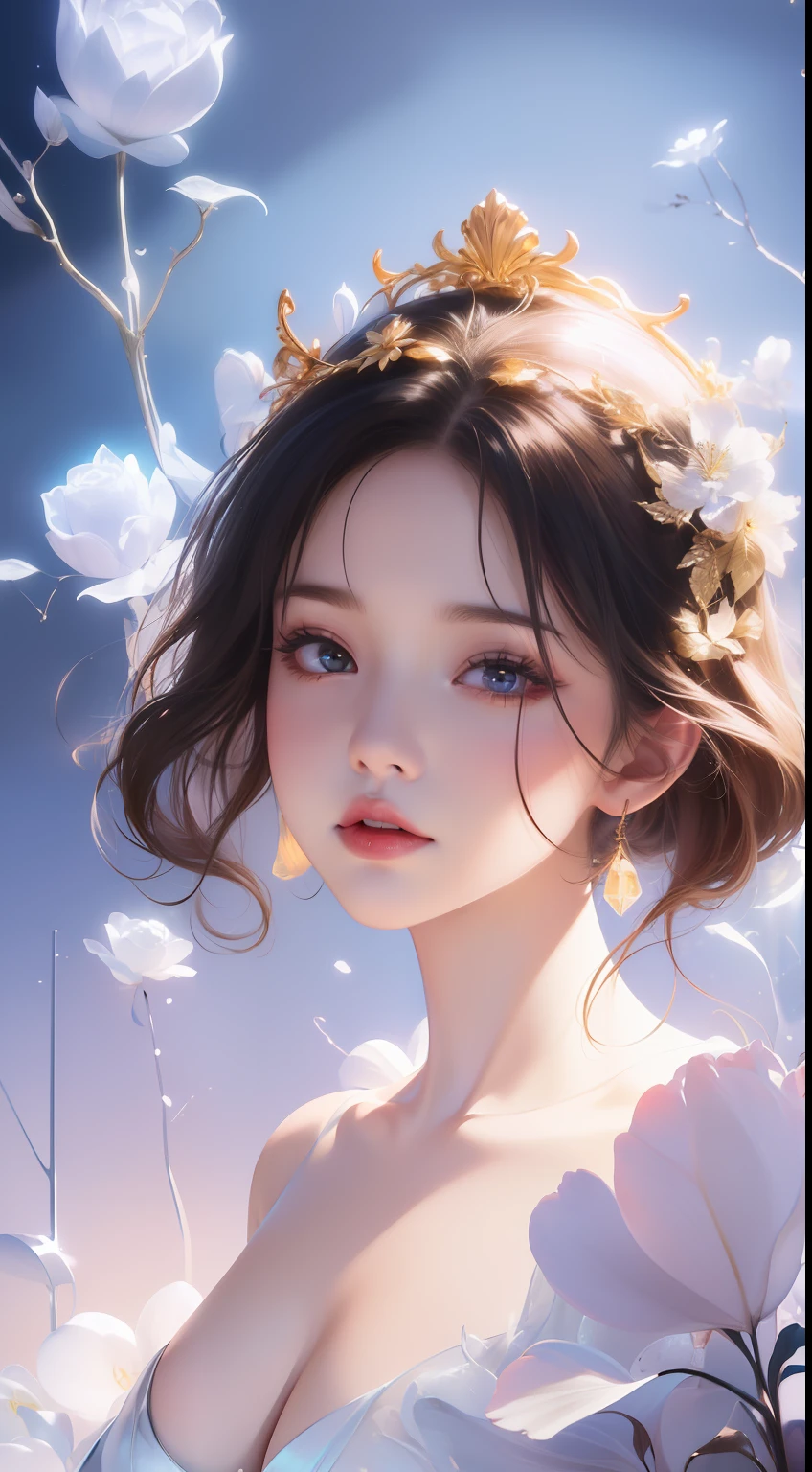 (((A girl))，delicated face，The face of Eros，Good looking Chinese woman，Cover your mouth and laugh，Abstinence，Large breasts，Close-up，Close-up of the head，Golden paradise，Irridescent color，The Arthur effect, Gradient translucent glass melt, Caustics, transparent glass texture, Irridescent color, Designed by Dietrams, Simple, Glows in high detail, white backgrounid, industrial design, studio lit, C4D, OC renderer, Clean shadows, 4K