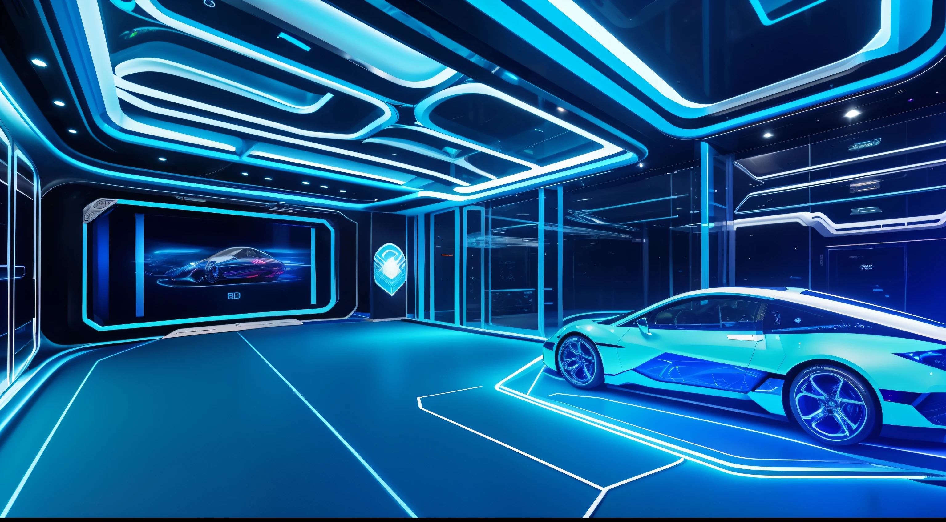 blue colors,Rich and intricate details,Futuristic style,AI-generated images of technology present visually appealing futuristic scenarios。In the foreground,Automotive holographic interfaces of transparent materials float above sleek transparent panels,Exudes a soft and ethereal glow。Holograms show complex patterns、Visualize data and vibrant colors,It represents the fusion of information and innovation。