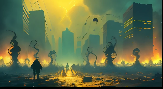 lots of monsters in a destroyed city, cosmic horror background, tentacles, dark mood, dark ambient, night, horror, blood, terrific, fear, panic, despair