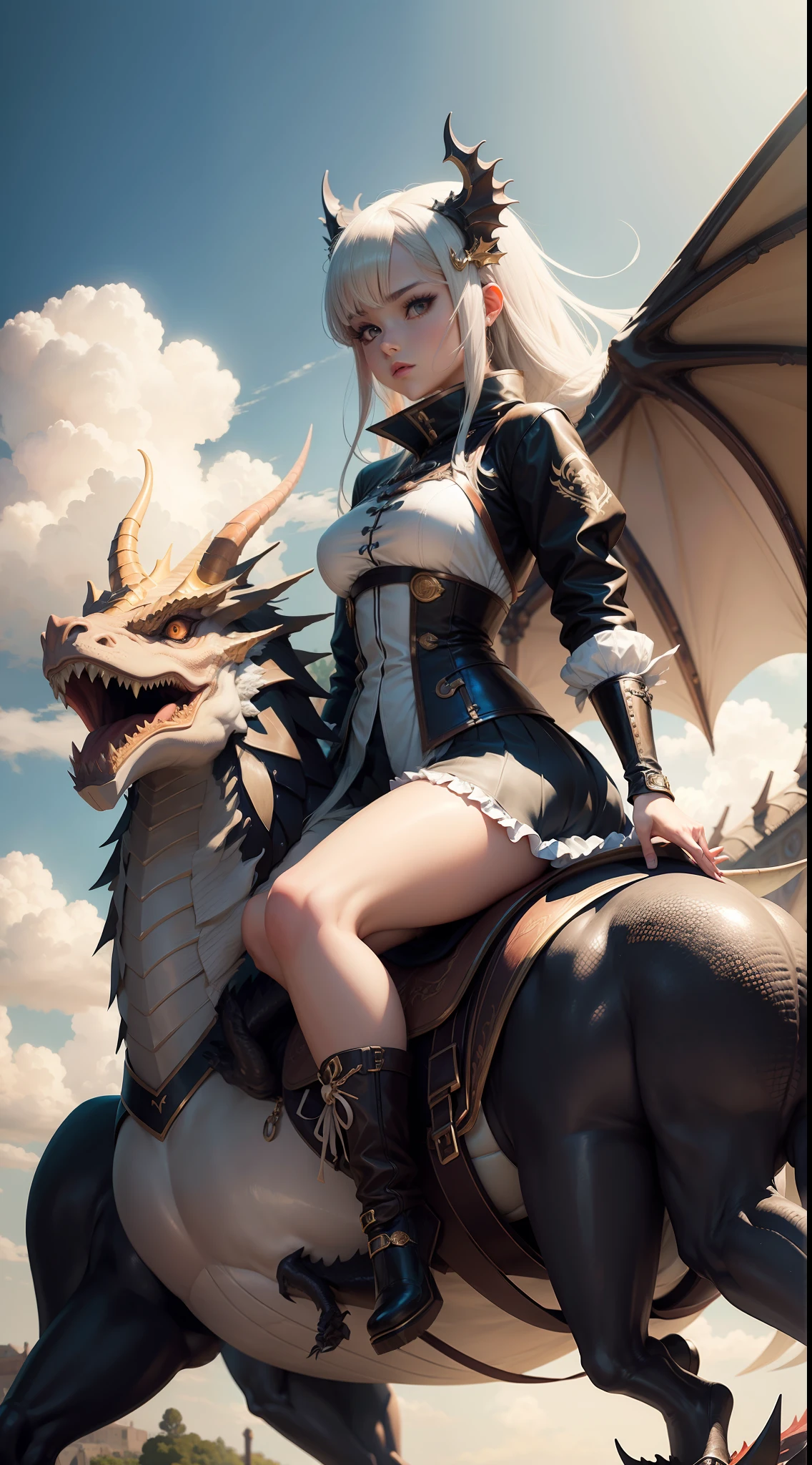 "Anime girl riding a dragon, aesthetic and stylish."