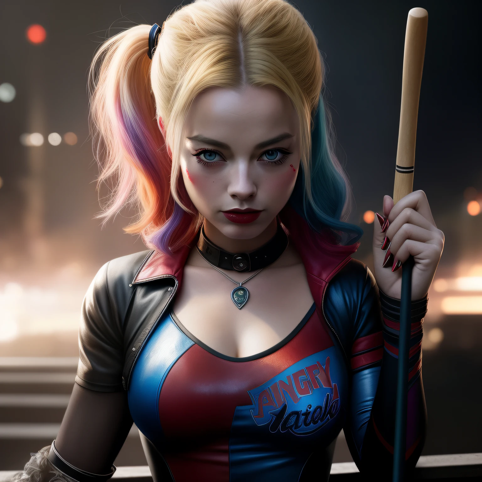Harley Harley,Tear-stained face is holding a baseball bat in one scene, Arlequina, Artgerm Julie Bell Beeple, Harley Rainha, Retrato de Arlequina, Filme ainda de Arlequina, de Arlequina, Ross Tran 8 K, Wojtek FUS, Harley Quinn standing, Arlequina filme ainda, Margot Robbie as Harley Quinn, Trending in ArtStation 4K