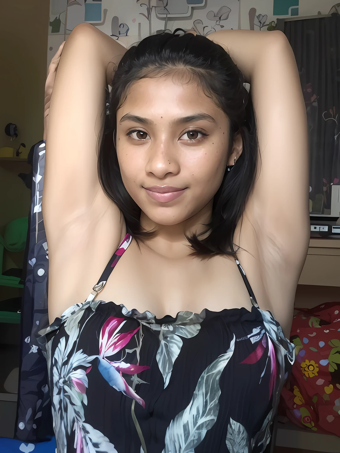 there is a woman that is posing for a picture in a room, armpit, indian girl with brown skin, she is about 16 years old, flat chested, sexy girl with dark complexion, posing in a bedroom, hairy arms, pretty face with arms and legs, with arms up, hot petite teen girl, young and cute girl