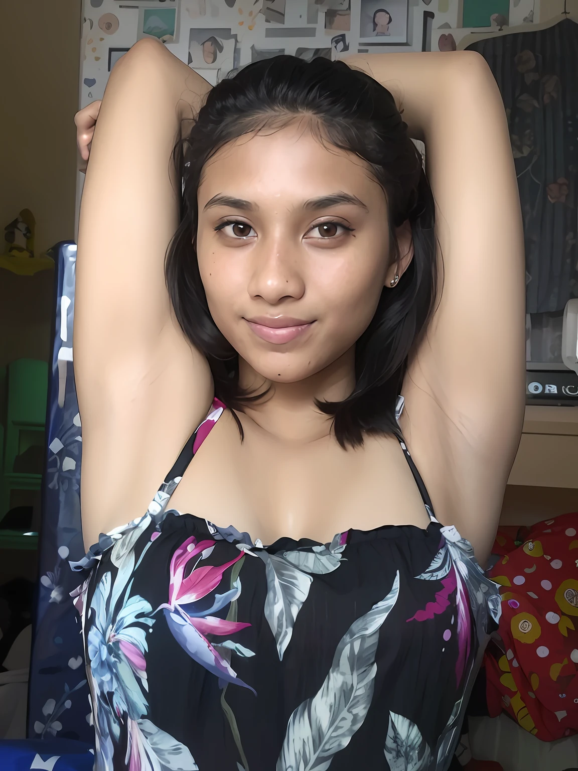 there is a woman that is posing for a picture in a room, armpit, indian girl with brown skin, she is about 16 years old, flat chested, sexy girl with dark complexion, posing in a bedroom, hairy arms, pretty face with arms and legs, with arms up, hot petite teen girl, young and cute girl