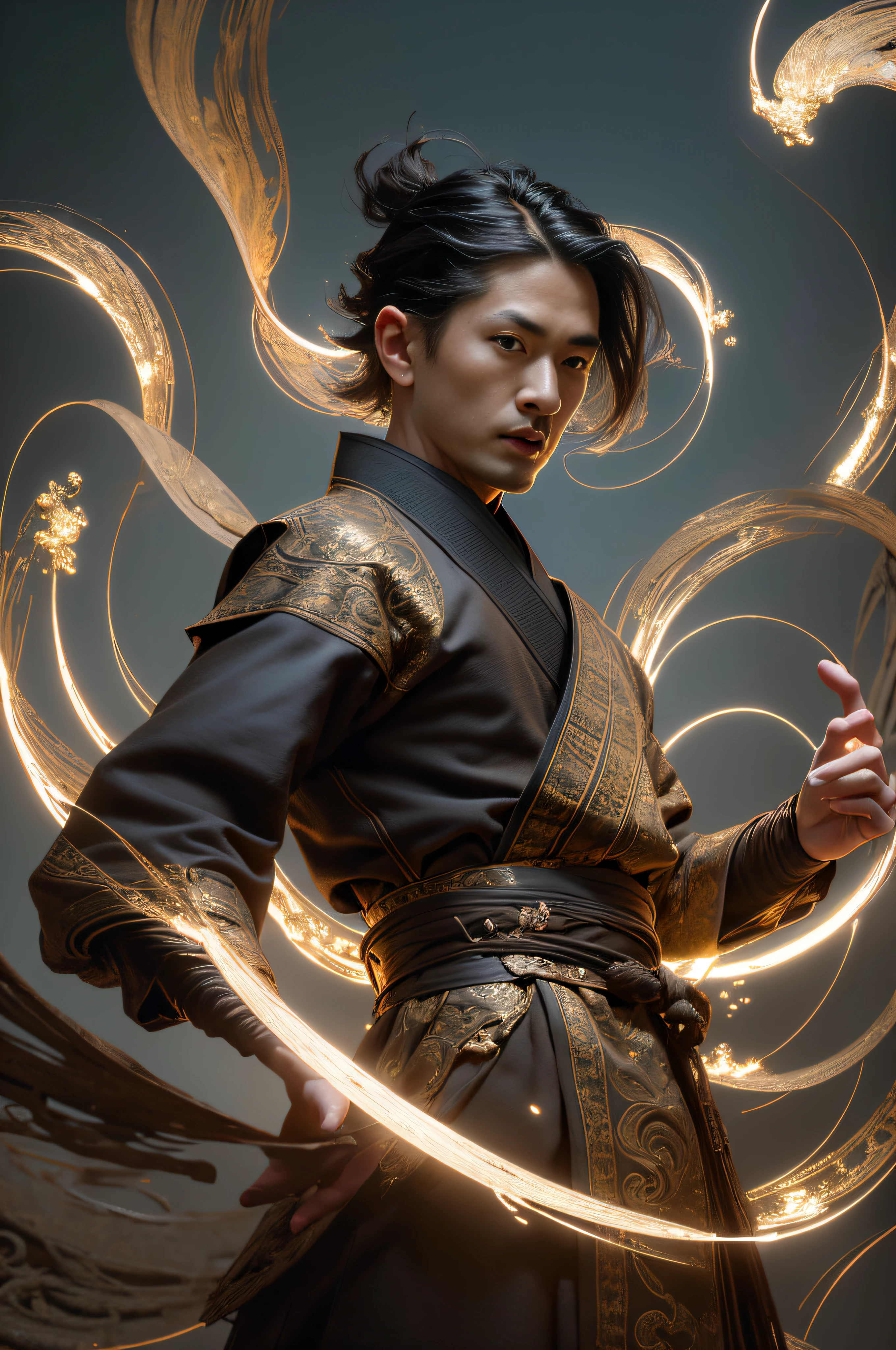 Best Quality, Masterpiece, Ultra High Resolution, (Realistic: 1.4), Xiuxian, Weapon, Detailed Face, .1 Boy, Solo, Weapon, , (Magic Circle: 1.2), Xiuxian, Upper Body, Sheath, (Absurd, High Resolution, Ultra Detailed), Asian, 1 male, eighteen-year-old boy, handsome, tall muscular man, broad shoulders, very short hair, bottom cut, dark brown eyes, fine eyes and detailed face, extremely detailed CG Unity 8k wallpaper, intricate details, (style swirl magic: 0.7), looking at the audience, solo, (full body: 0.6), detailed background, detailed face, hair fluttering in the wind, martial artist, dynamic pose, battle pose, clenched fist, fingerless gloves, wristband, dragon theme costume, monk robe, alpine mountain background, spinning floating particles, dynamic composition, hanfu, jinshan, jinshan background, jinshan background, jinshan mountain, golden water flowing