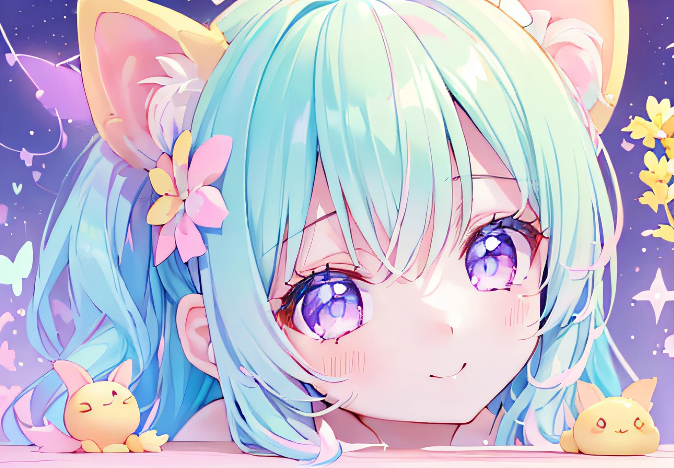((NSFW:1.2),masutepiece, (1girl in), Idol,Looks fun with a big smile, ((Close-up Face)), Big eyes, It seems that the eyes are shining、Kawaii Tech, kawaii, Cute, Pastel colors,Hair color is pastel、 (Best Quality), Happy,Mystical deep background of goldfish, Symmetrical, Head Tilted,The composition should exude sensuality and innocence、An ultra-high picture quality、Dynamic Angle