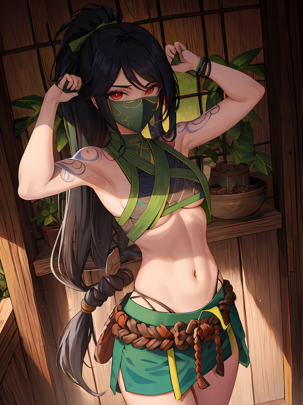 heaven, campo, grama, Akali, olhando para o espectador, Liga das Lendas, Altas, 1girl, abdominais, arm tattoo, franja, blusa, seios, Camisa verde, cabelo entre os olhos, Vento do quadril, franja longa, cabelo longo, masked, diafragma, Ninja, rabo de cavalo, cinto de corda, bolsa de cinto, Camisa, stomach tattoo, tatuagem, medium boobs, shirt lift